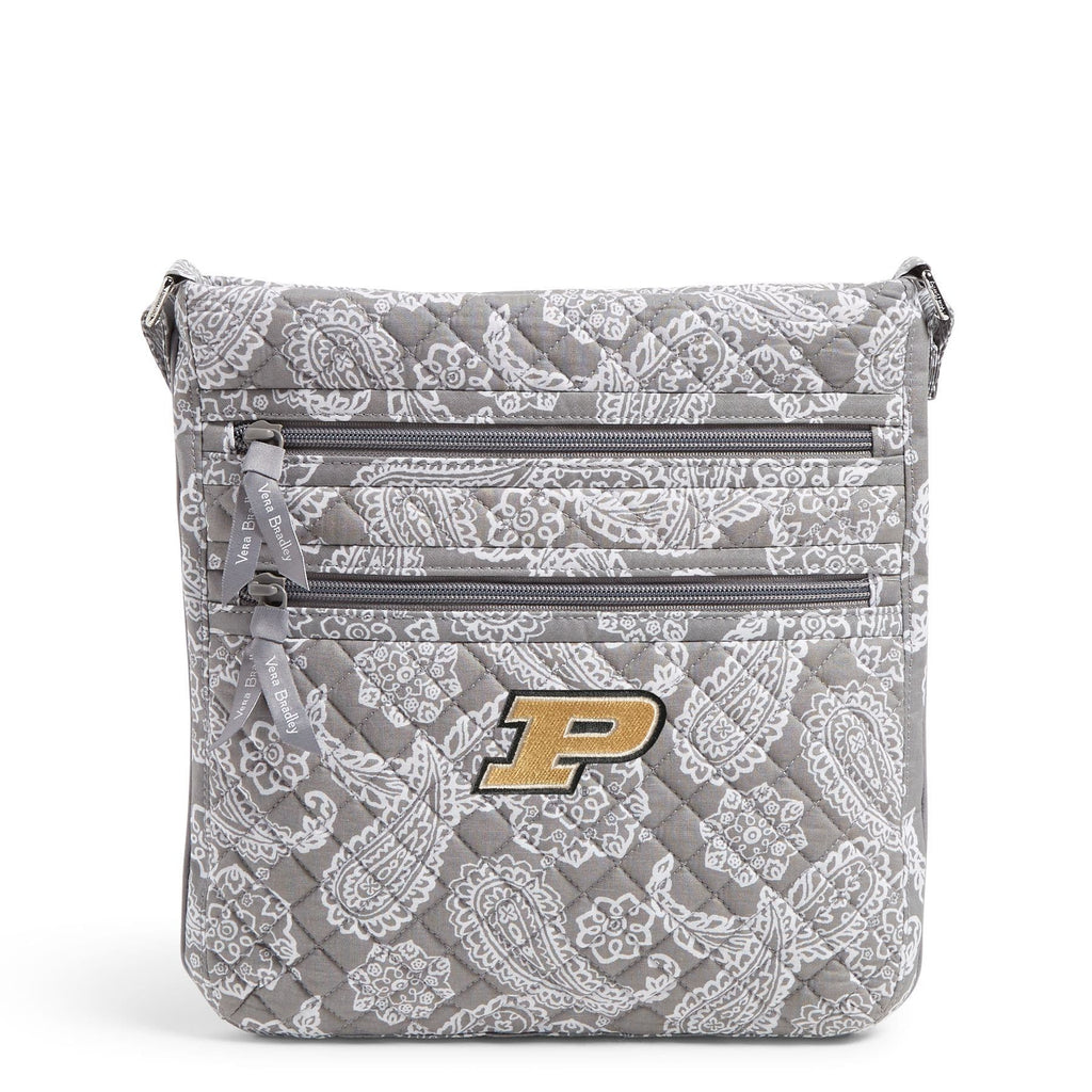 Collegiate Triple Zip Hipster Crossbody-Gray/White Bandana with Purdue Univeristy Logo-Image 1-Vera Bradley
