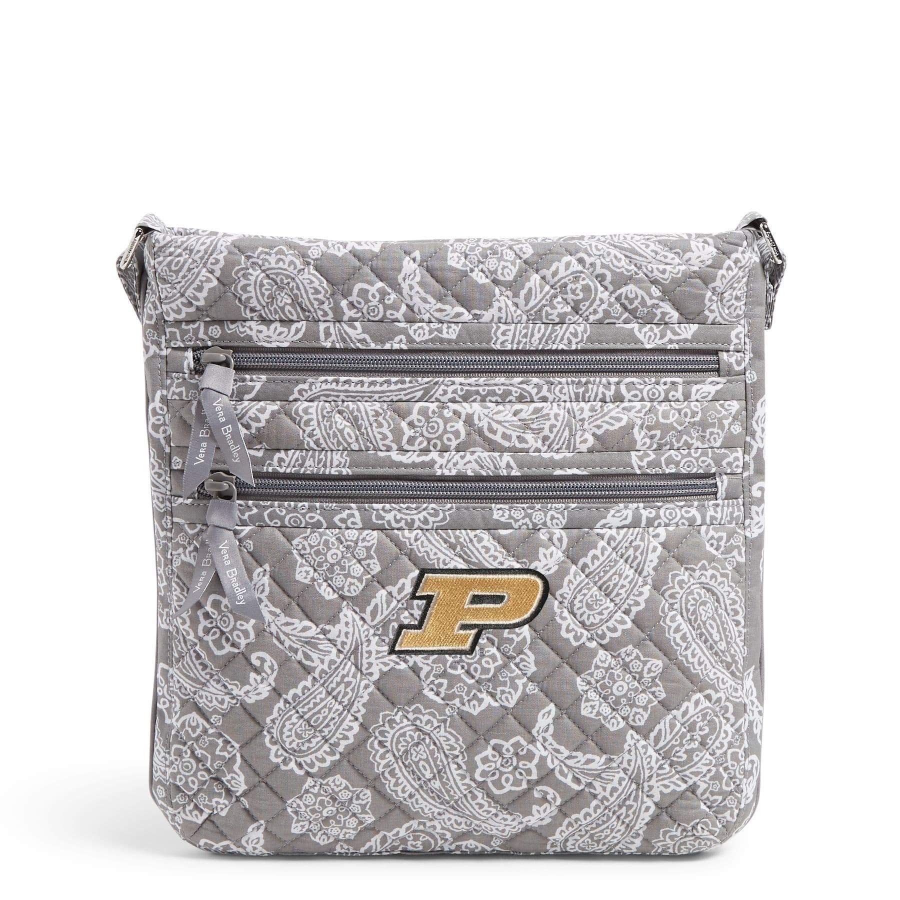 Collegiate Triple Zip Hipster Crossbody-Gray/White Bandana with Purdue Univeristy Logo-Image 1-Vera Bradley