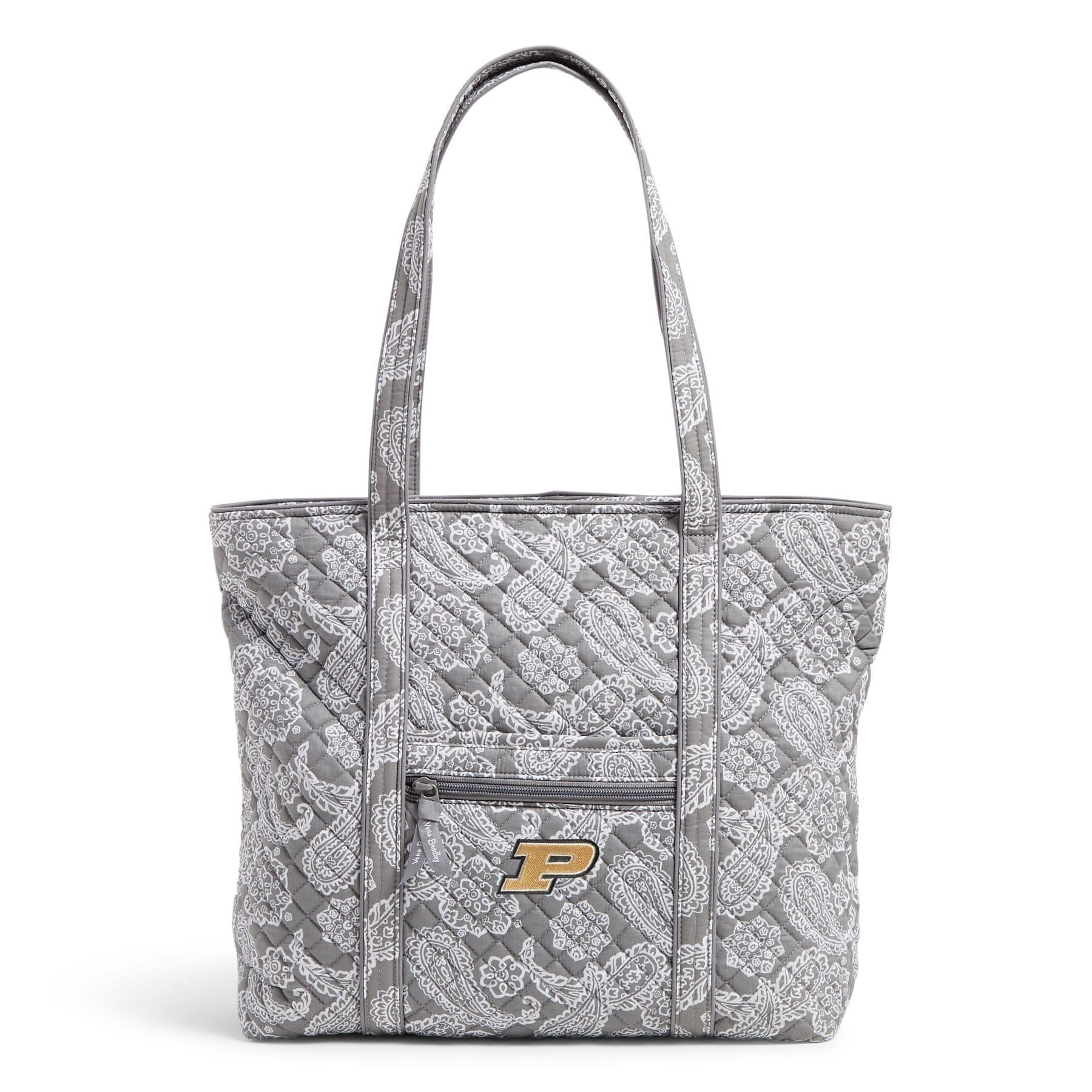Collegiate Vera Tote Bag-Gray/White Bandana with Purdue Univeristy Logo-Image 1-Vera Bradley