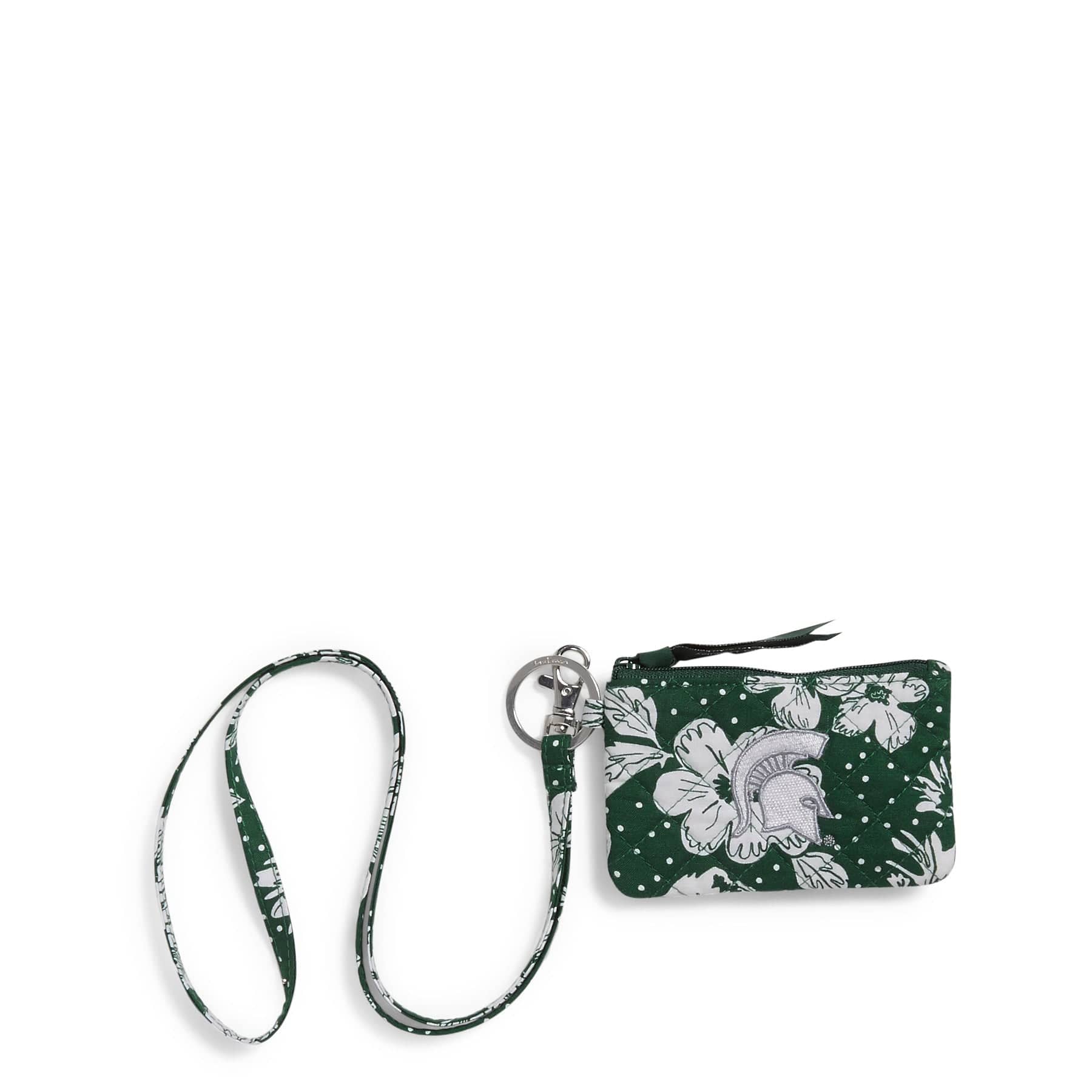 Collegiate Zip ID Lanyard-Dark Green/White Rain Garden with Michigan State University Logo-Image 2-Vera Bradley