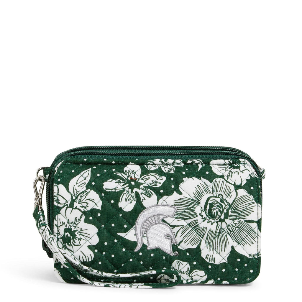 Collegiate RFID All in One Crossbody Bag-Dark Green/White Rain Garden with Michigan State University Logo-Image 1-Vera Bradley