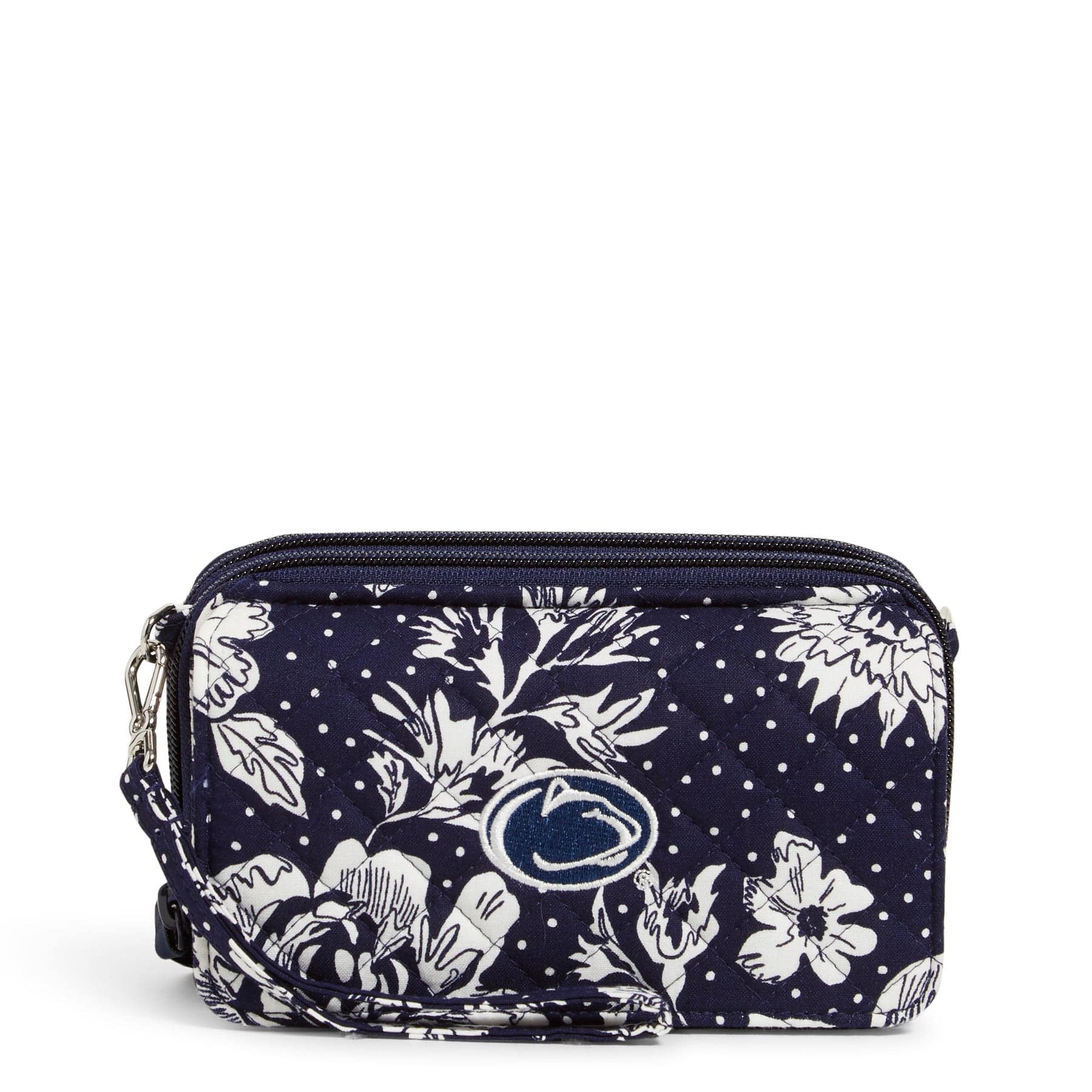Collegiate RFID All in One Crossbody Bag-Navy/White Rain Garden with Penn State University Logo-Image 1-Vera Bradley