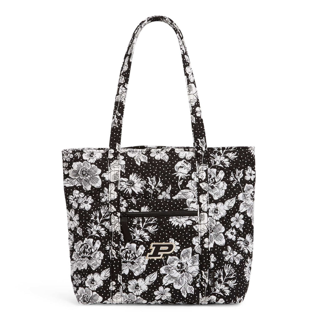Collegiate Vera Tote Bag-Black/White Rain Garden with Purdue University Logo-Image 1-Vera Bradley