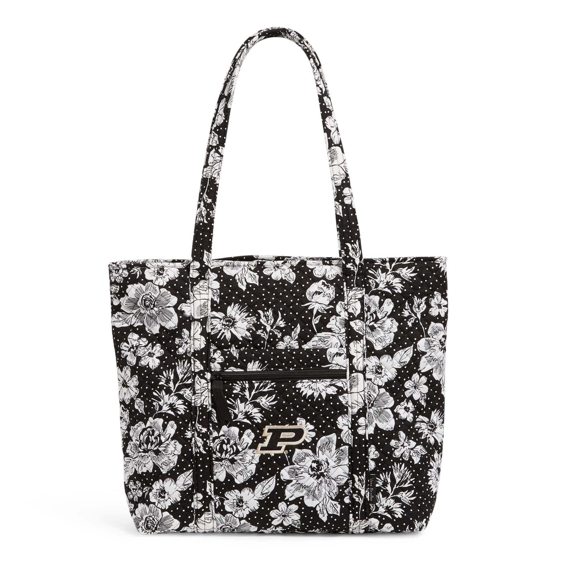 Collegiate Vera Tote Bag-Black/White Rain Garden with Purdue University Logo-Image 1-Vera Bradley