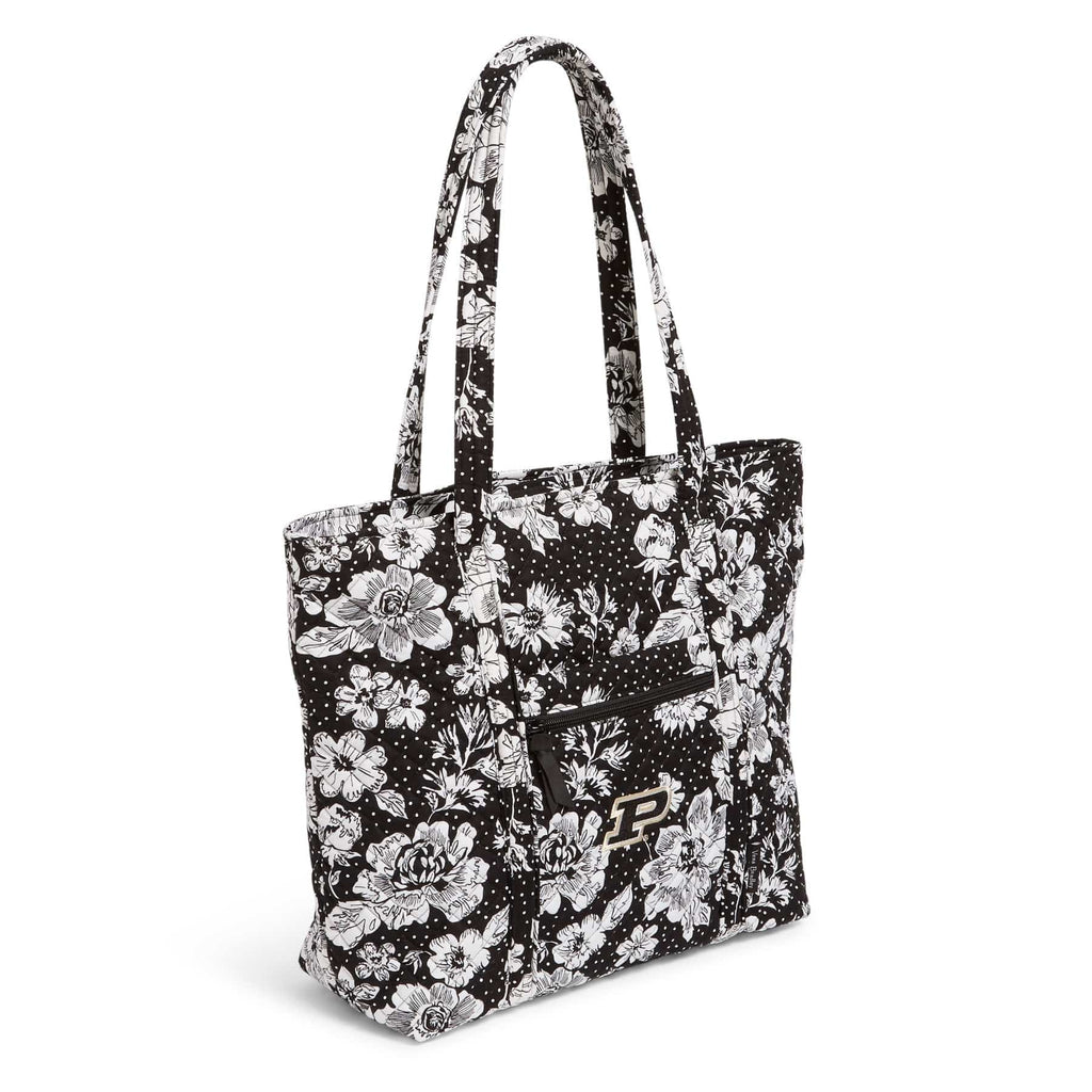 Collegiate Vera Tote Bag-Black/White Rain Garden with Purdue University Logo-Image 2-Vera Bradley