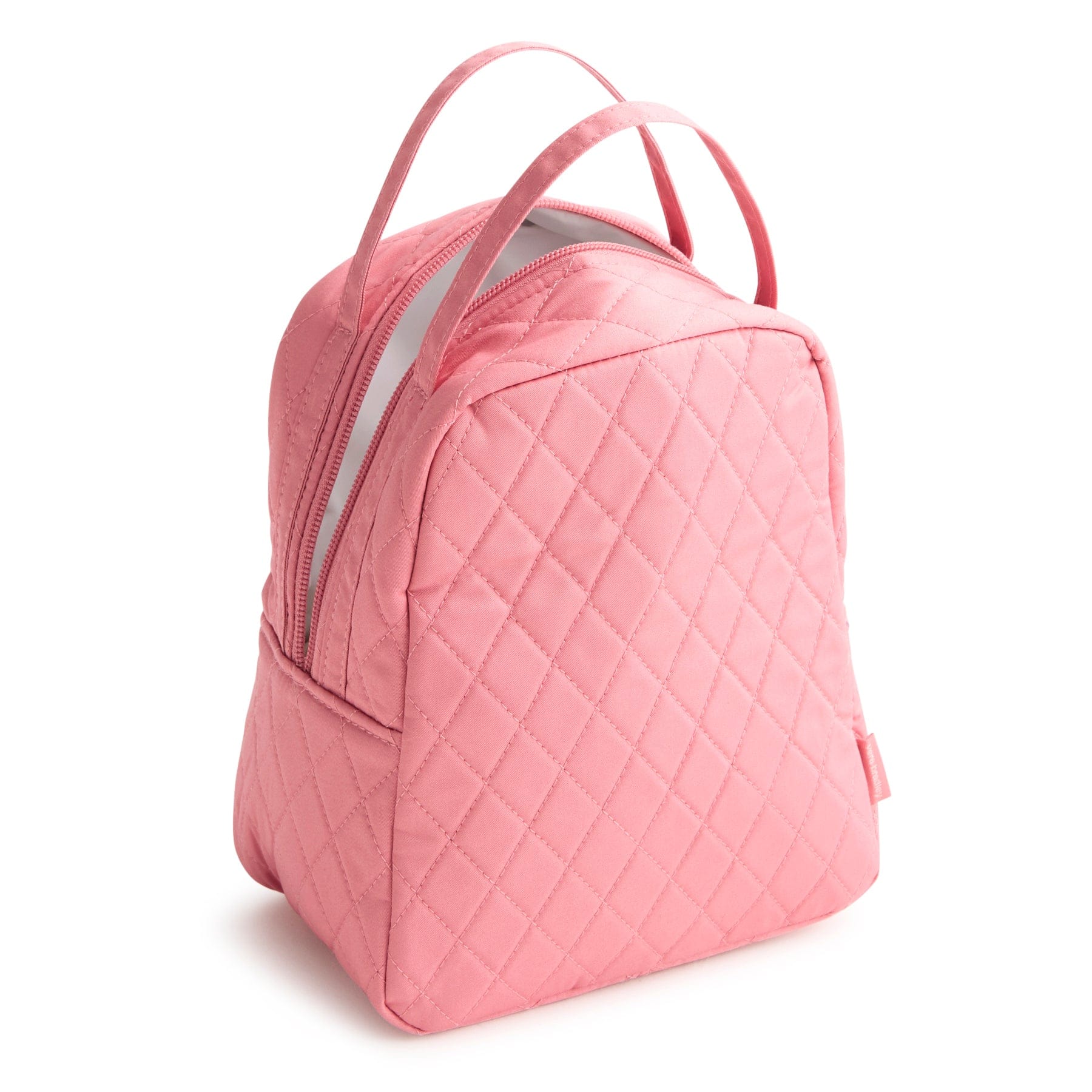 Pink quilted backpack on a white background