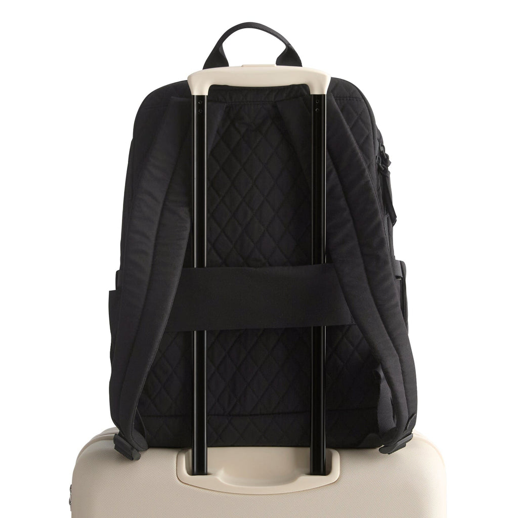 Black backpack with rolling handle on a white background