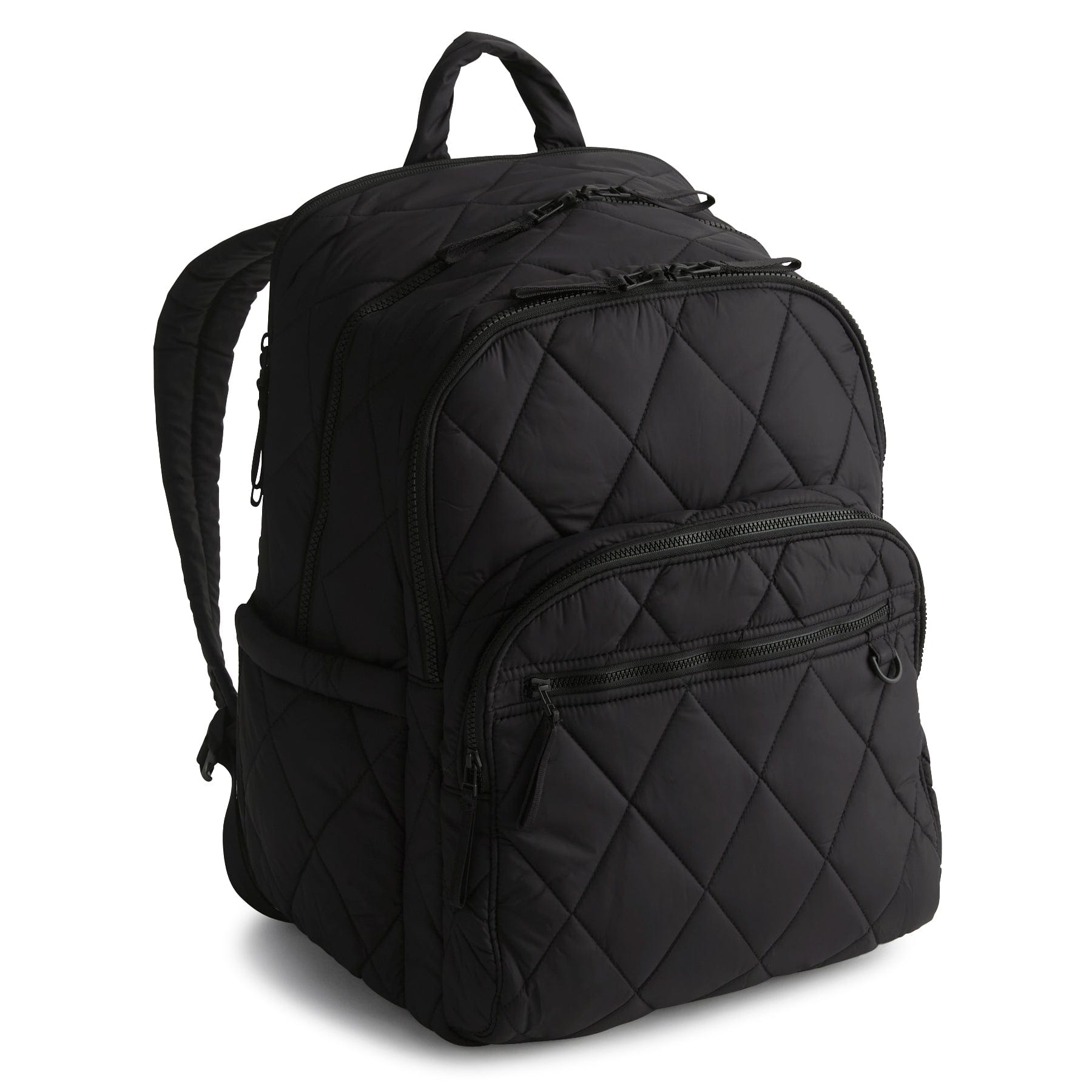 Black quilted backpack on a white background