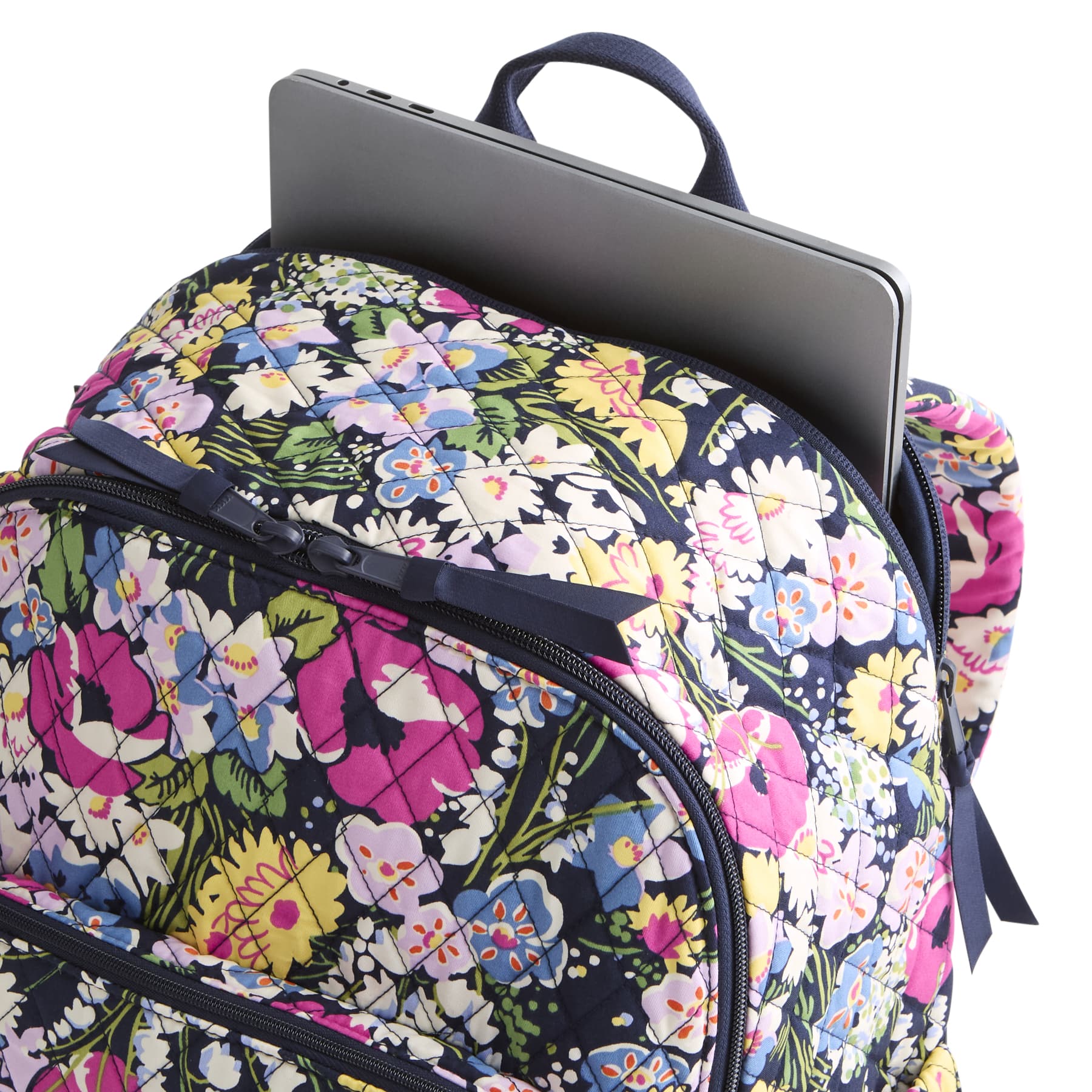 Floral-patterned backpack with a laptop compartment on a white background