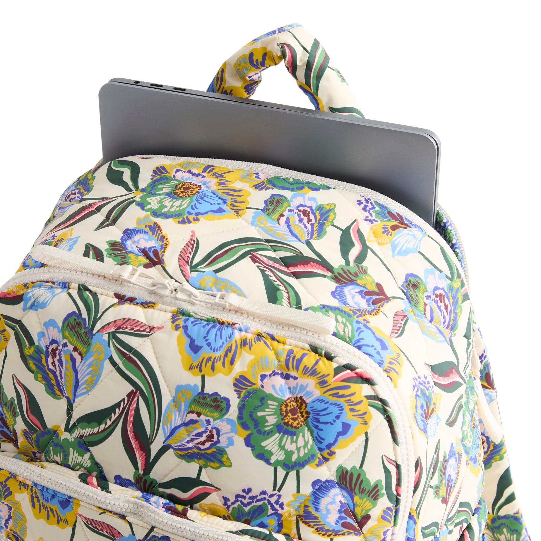 Floral-patterned backpack with a laptop compartment on a white background