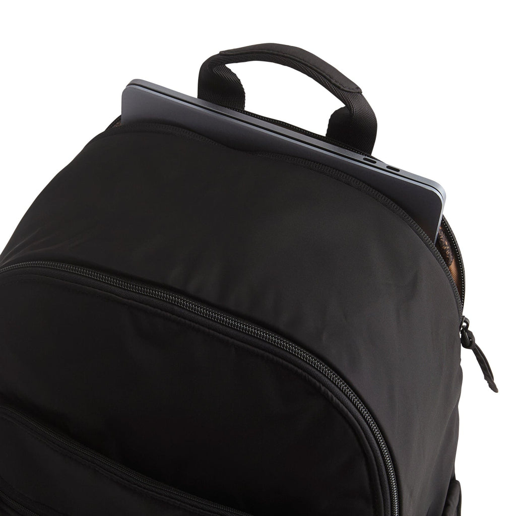 Black backpack with a laptop compartment on a white background