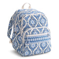 Blue and white patterned backpack on a white background