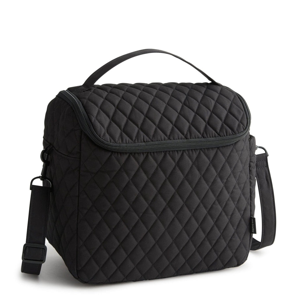 Black quilted cooler bag on a white background