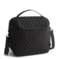 Black quilted cooler bag on a white background