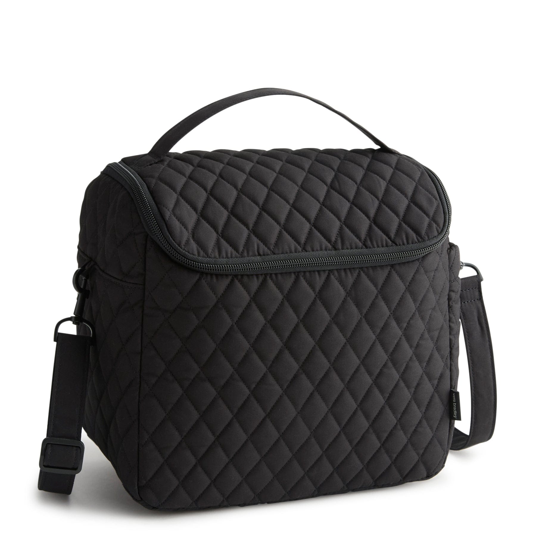 Black quilted cooler bag on a white background