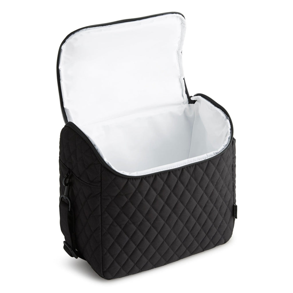 Black quilted cooler bag with open lid on a white background