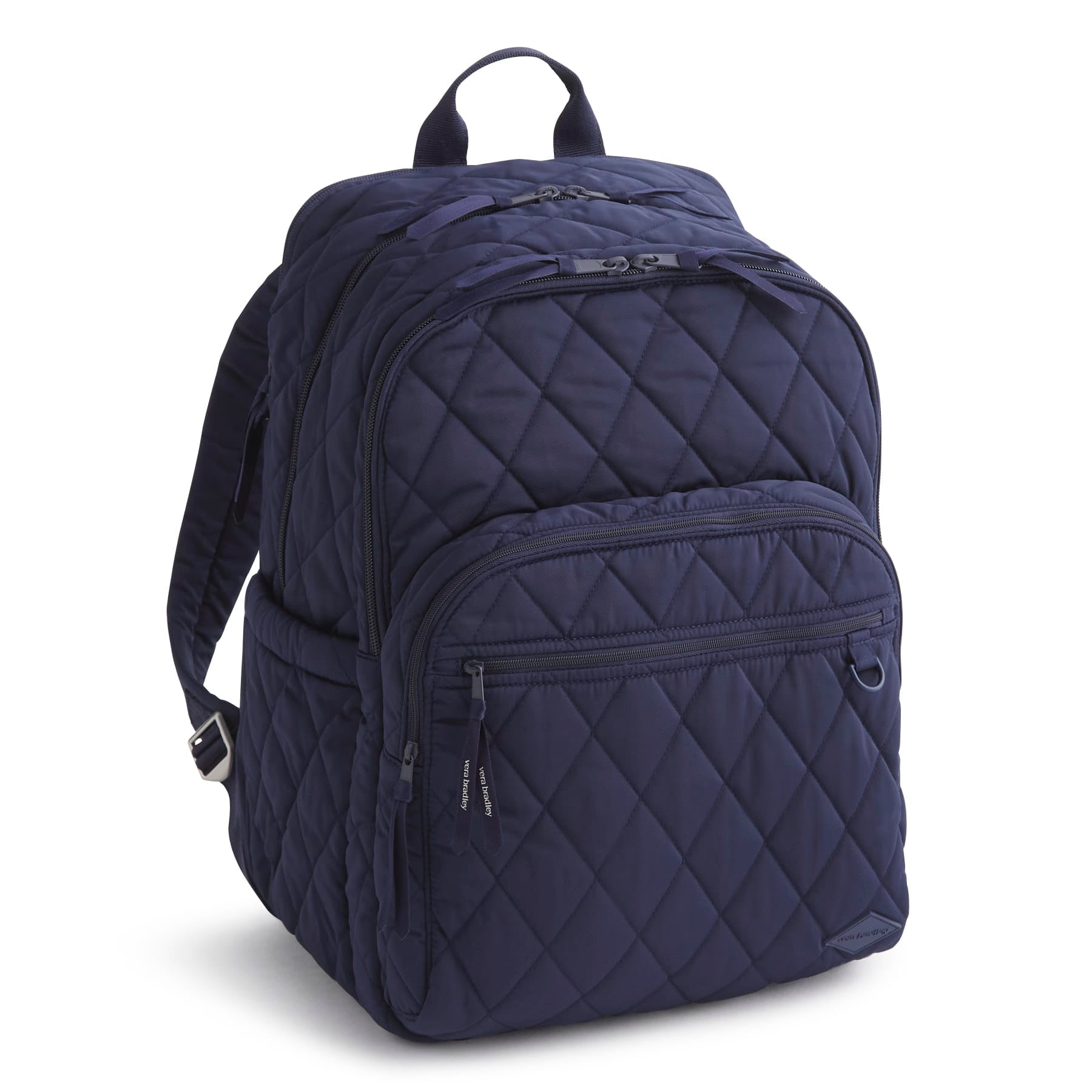 Navy blue quilted backpack on a white background