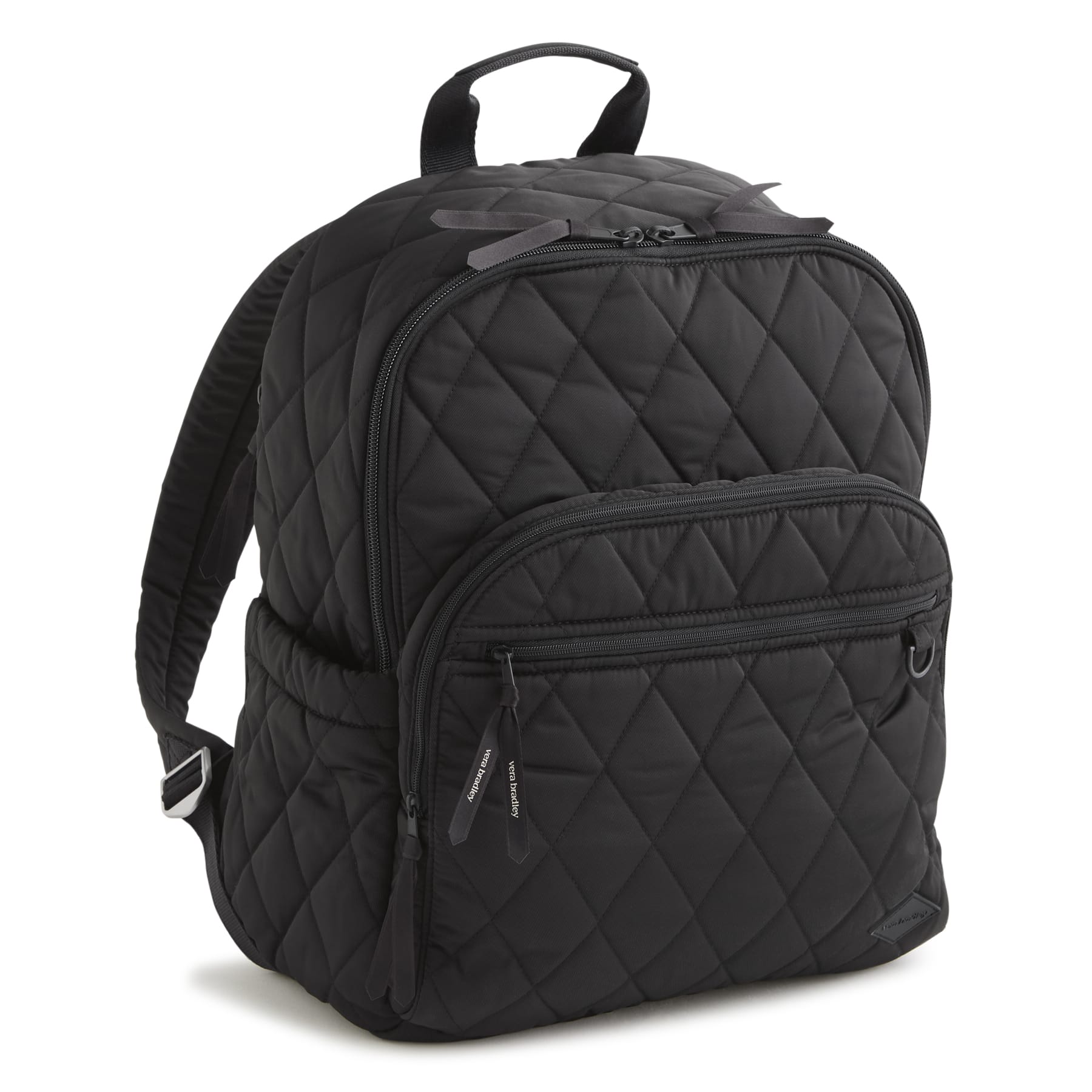 Black quilted backpack on a white background