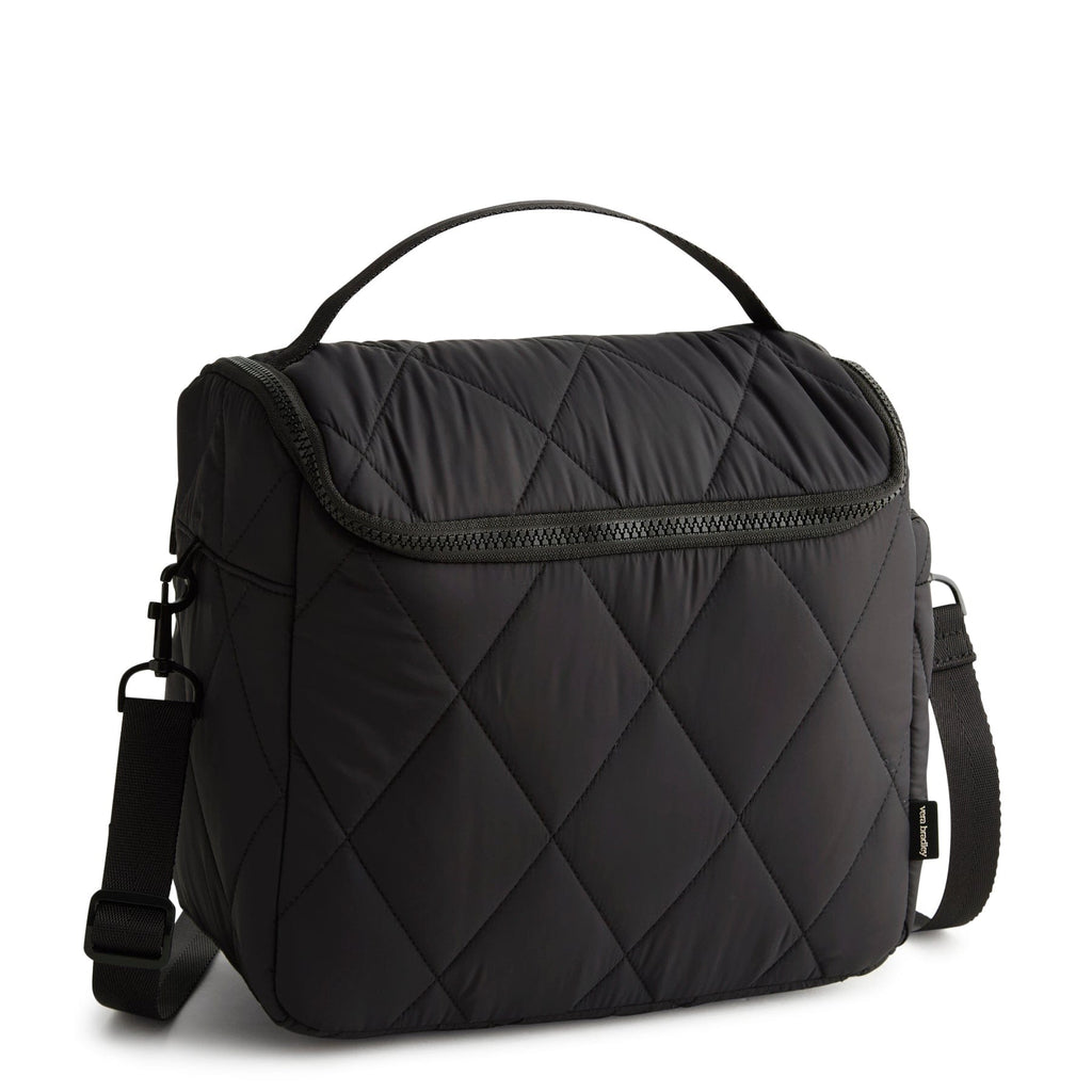 Black quilted bag with a strap on a white background