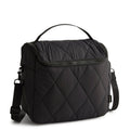 Black quilted bag with a strap on a white background