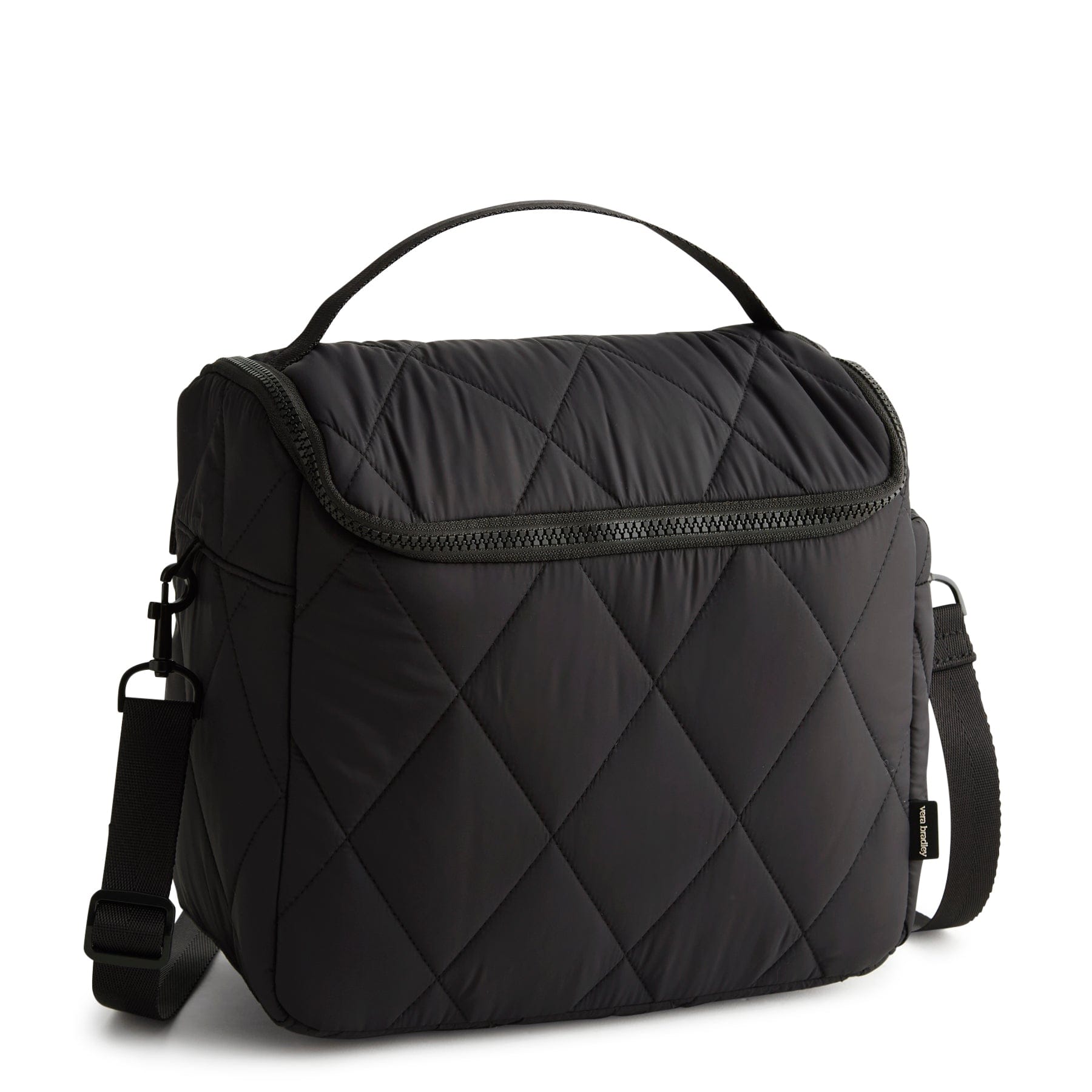 Black quilted bag with a strap on a white background